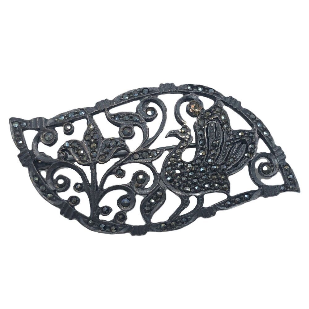 Vintage Sterling Silver Marcasite Peacock Floral Brooch Signed ND